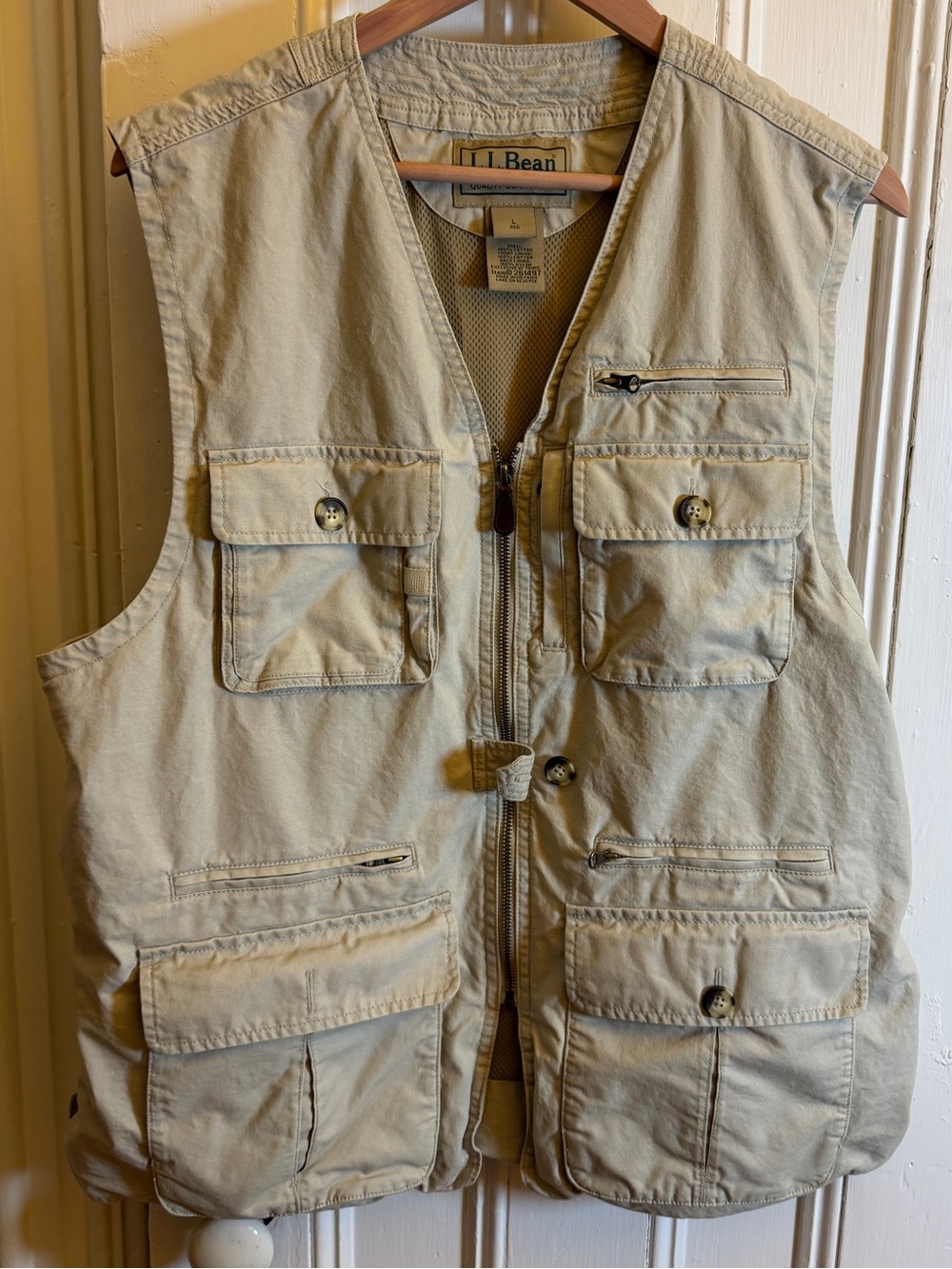 L.L.Bean Fishing Utility Vest L Khaki Cotton Mesh Lined Outdoor Safari Hiking